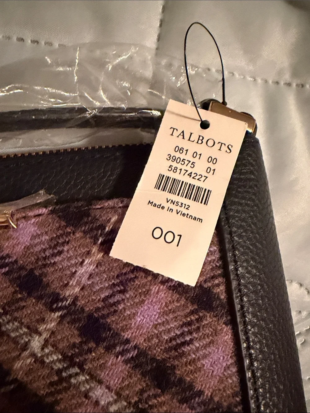 Tahari Black Leather Crossbody with Purple Plaid Panels
